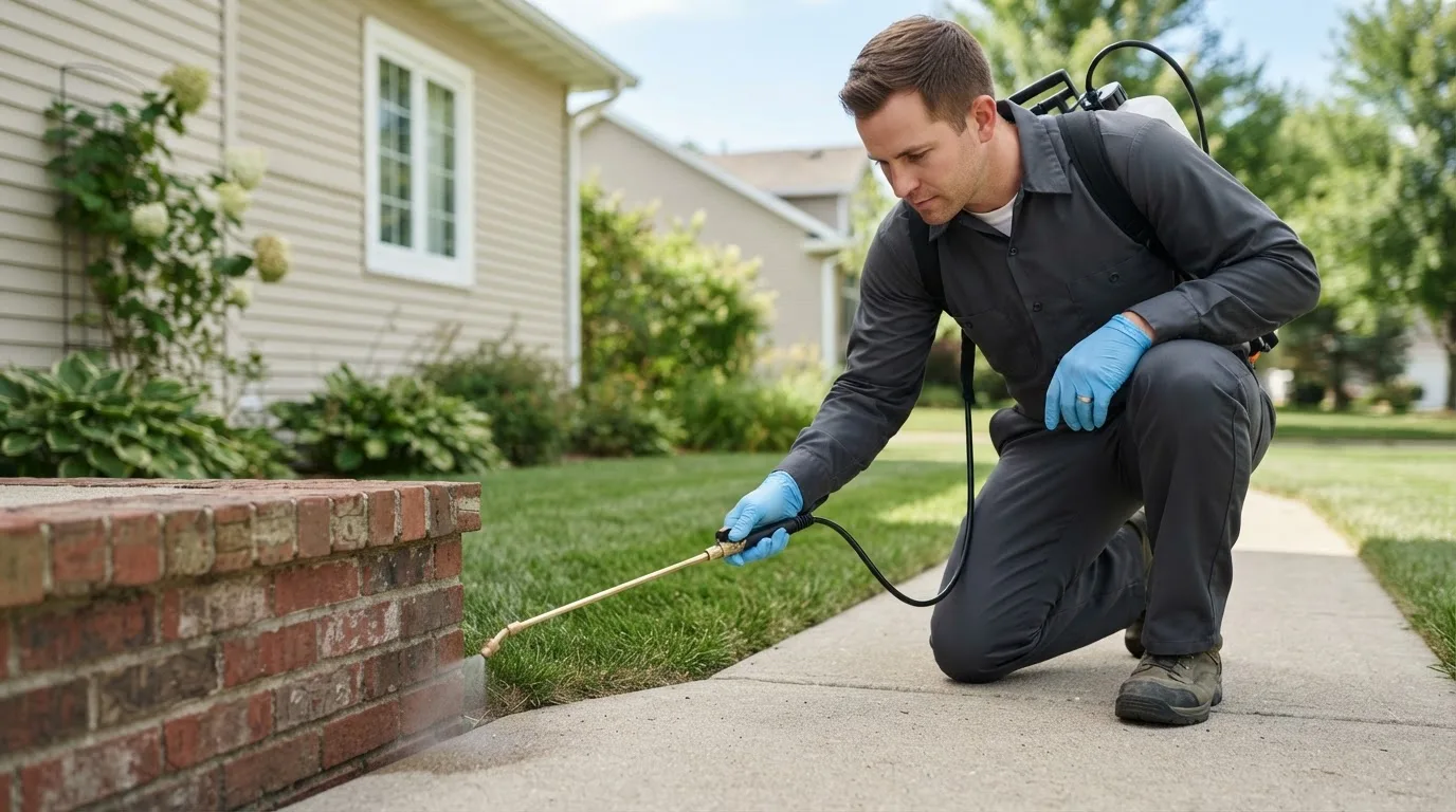 Pest control technician treating a home near Douglas, ND